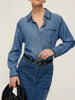 Embroidered Trim Lapel Denim Shirt Blouses & Shirts|Denim