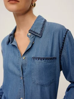 Embroidered Trim Lapel Denim Shirt Blouses & Shirts|Denim