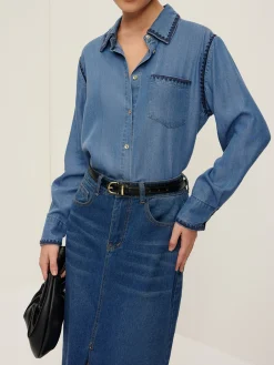 Embroidered Trim Lapel Denim Shirt Blouses & Shirts|Denim
