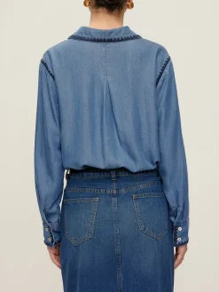 Embroidered Trim Lapel Denim Shirt Blouses & Shirts|Denim