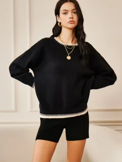 New Embroidered Trim Loose Knit Top Sweater Tops|Long Sleeve Sets