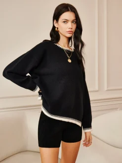 New Embroidered Trim Loose Knit Top Sweater Tops|Long Sleeve Sets
