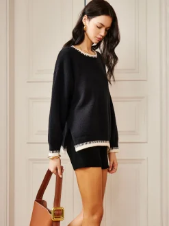 New Embroidered Trim Loose Knit Top Sweater Tops|Long Sleeve Sets