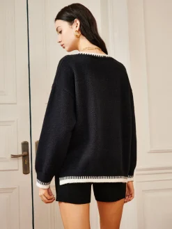 New Embroidered Trim Loose Knit Top Sweater Tops|Long Sleeve Sets