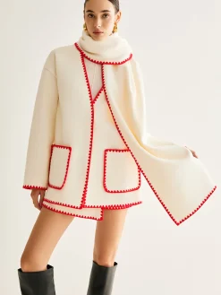 Online Embroidered Trim Tweed Coat With Scarf Outerwear|Coats