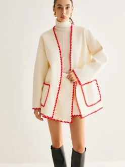 Online Embroidered Trim Tweed Coat With Scarf Outerwear|Coats