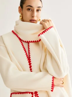 Online Embroidered Trim Tweed Coat With Scarf Outerwear|Coats