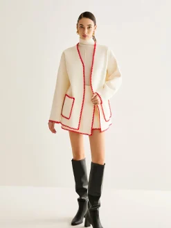 Online Embroidered Trim Tweed Coat With Scarf Outerwear|Coats
