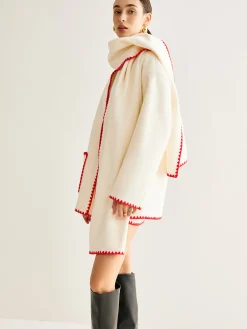 Online Embroidered Trim Tweed Coat With Scarf Outerwear|Coats