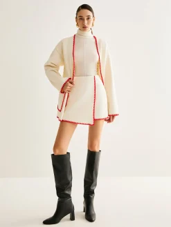 Online Embroidered Trim Tweed Coat With Scarf Outerwear|Coats