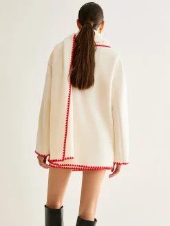 Online Embroidered Trim Tweed Coat With Scarf Outerwear|Coats
