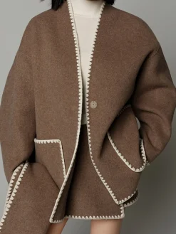 Online Embroidered Trim Tweed Coat With Scarf Outerwear|Coats