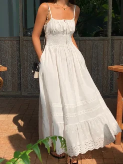 Embroidery Shift Shirred Long Dress White Dresses|Casual Dresses