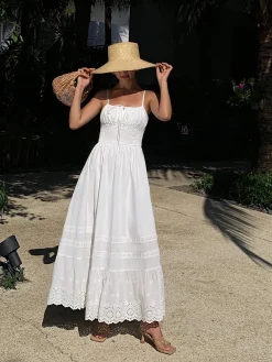 Embroidery Shift Shirred Long Dress White Dresses|Casual Dresses