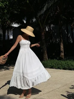 Embroidery Shift Shirred Long Dress White Dresses|Casual Dresses