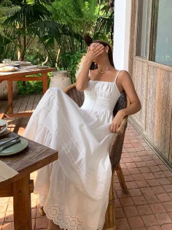 Embroidery Shift Shirred Long Dress White Dresses|Casual Dresses