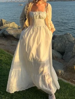 Embroidery Shift Shirred Long Dress White Dresses|Casual Dresses