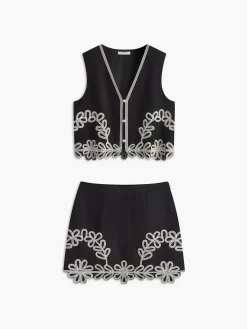 Discount Embroidery Sleeveless Zipper Skirt Set Skirt Sets|Long Sleeve Sets
