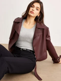 Outlet Faux Leather Belted Short Jacket Outerwear|Jackets
