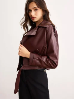 Outlet Faux Leather Belted Short Jacket Outerwear|Jackets