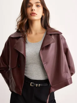 Outlet Faux Leather Belted Short Jacket Outerwear|Jackets