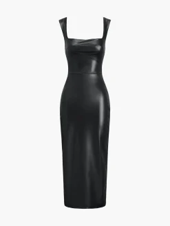 Hot Faux Leather Bodycon Midi Dress Black Dresses|Casual Dresses