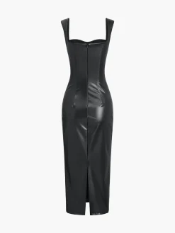 Hot Faux Leather Bodycon Midi Dress Black Dresses|Casual Dresses