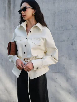 Best Faux Leather Button Polo Shirt Without Belt Blouses & Shirts|Tops