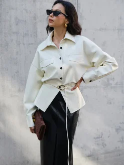 Best Faux Leather Button Polo Shirt Without Belt Blouses & Shirts|Tops
