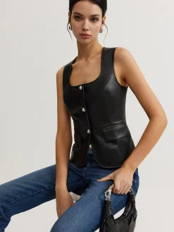 Discount Faux Leather Button Vest Outerwear|Vests