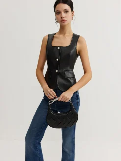 Discount Faux Leather Button Vest Outerwear|Vests