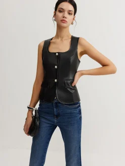 Discount Faux Leather Button Vest Outerwear|Vests