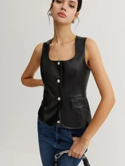 Discount Faux Leather Button Vest Outerwear|Vests