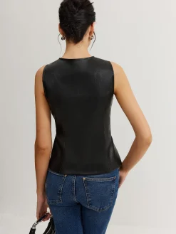 Discount Faux Leather Button Vest Outerwear|Vests