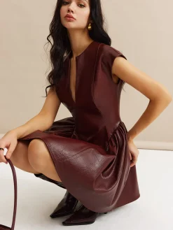 Sale Faux Leather Panel Pleated Dress Casual Dresses|Work Dresses