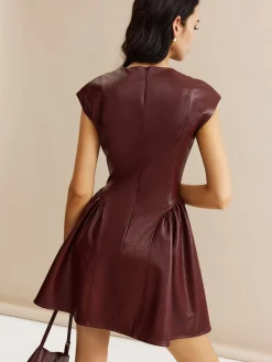 Sale Faux Leather Panel Pleated Dress Casual Dresses|Work Dresses