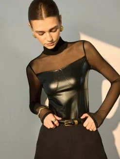 Faux Leather Panel Sheer Blouse Blouses & Shirts|Tops