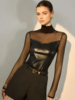Faux Leather Panel Sheer Blouse Blouses & Shirts|Tops