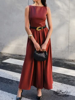 New Faux Leather Panel Tank Dress Without Belt Casual Dresses|Cocktail & Party Dresses