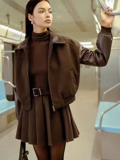 Clearance Faux Leather Panel Tweed Short Jacket Outerwear|Jackets