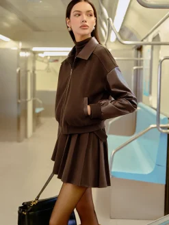 Clearance Faux Leather Panel Tweed Short Jacket Outerwear|Jackets