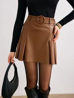 Outlet Faux Leather Pleated Skirt With Belt Skirts|Bottoms