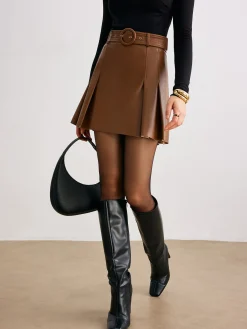 Outlet Faux Leather Pleated Skirt With Belt Skirts|Bottoms