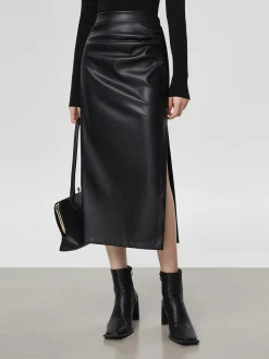 Sale Faux Leather Ruched Slit Midi Skirt Skirts|Bottoms