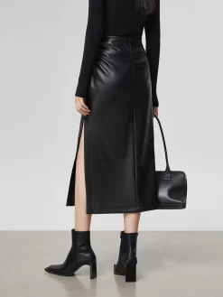 Sale Faux Leather Ruched Slit Midi Skirt Skirts|Bottoms