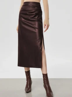 Sale Faux Leather Ruched Slit Midi Skirt Skirts|Bottoms