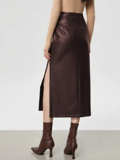 Sale Faux Leather Ruched Slit Midi Skirt Skirts|Bottoms
