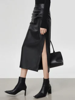 Sale Faux Leather Ruched Slit Midi Skirt Skirts|Bottoms