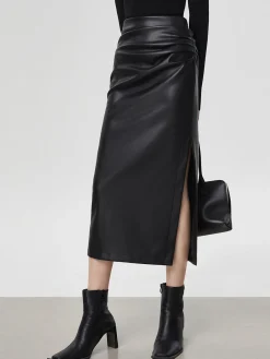 Sale Faux Leather Ruched Slit Midi Skirt Skirts|Bottoms