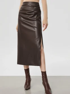 Sale Faux Leather Ruched Slit Midi Skirt Skirts|Bottoms